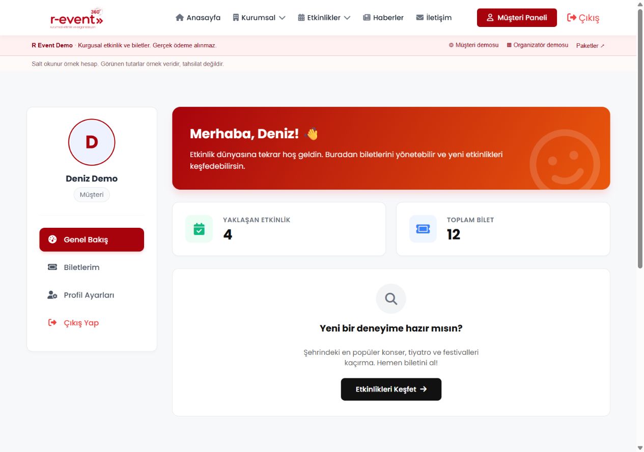 Müşteri paneli · gerçek demo görüntüsü